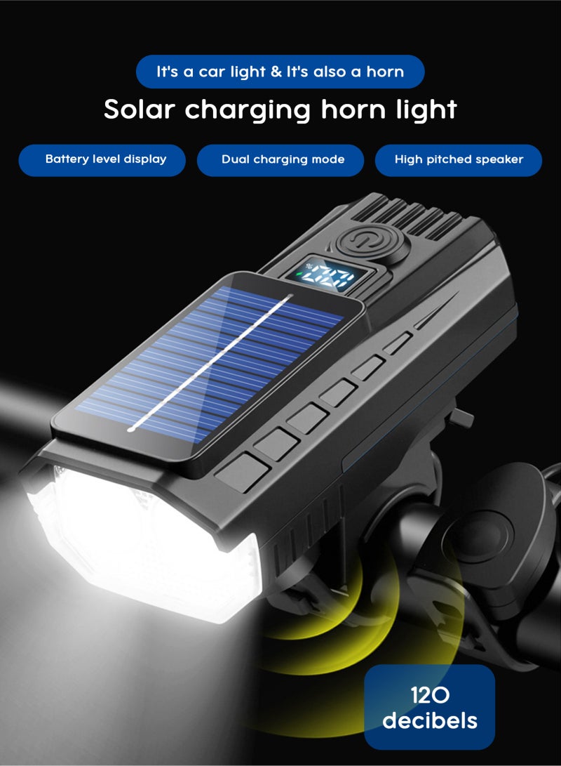 هومار كيت مصباح دراجة يعمل بالطاقة الشمسية وقابل لإعادة الشحن عبر منفذ USB-C، مزود بضوء تحذير خلفي، وبطارية سعة 1500 مللي أمبير، و4 أوضاع إضاءة، وبوق أمان بقوة 120 ديسيبل، وشاشة عرض طاقة LCD. مثالي للدراجات الهوائية على الطرقات والجبال. - Image 3